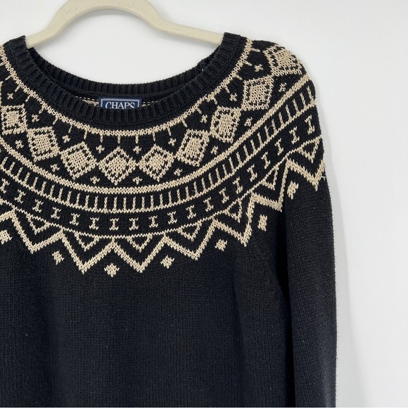 Chaps Classic Petite Lurex Geometric Print Long Sleeve Black Cream Sweater - Picture 1 of 10